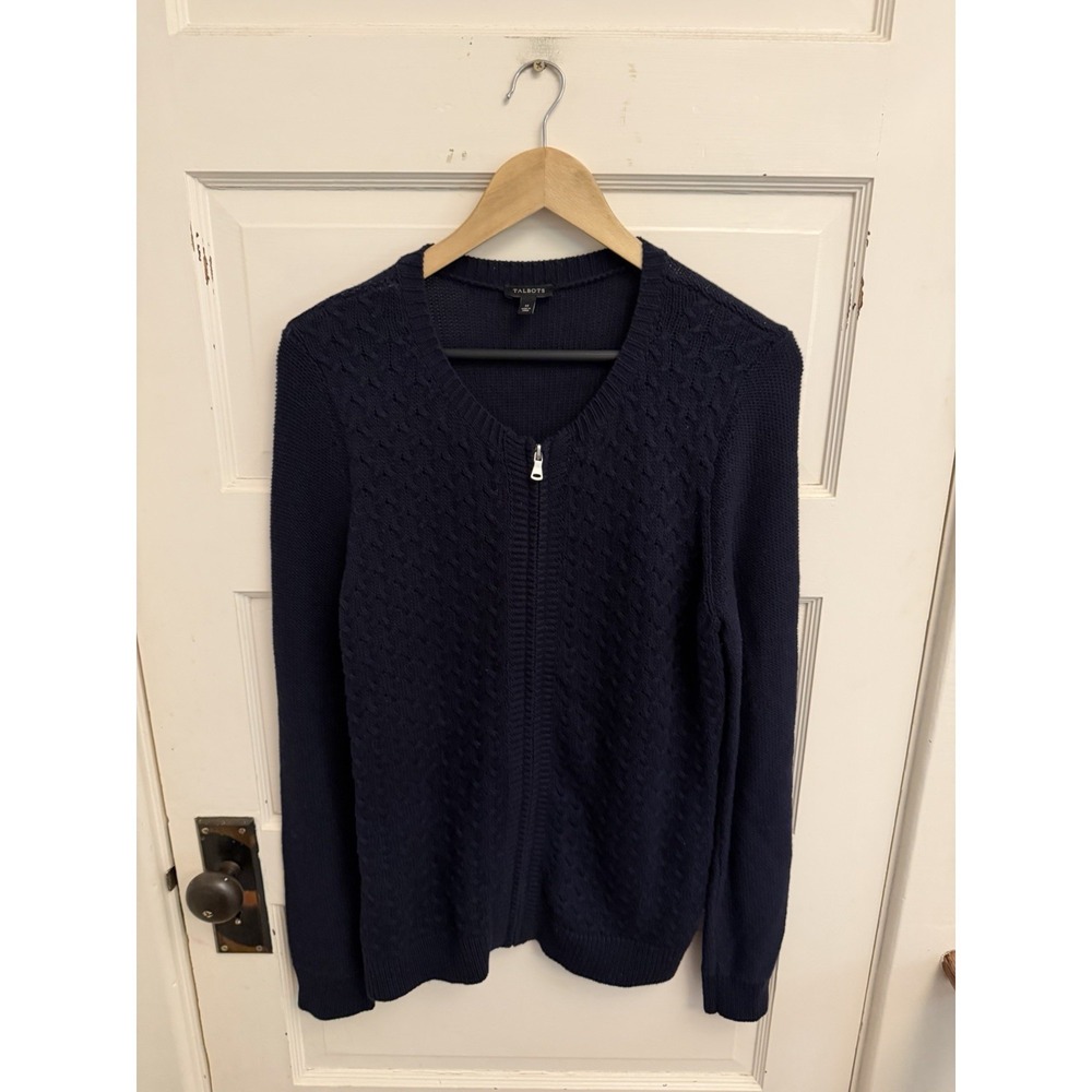 Talbots Women's Navy Wool Cashmere Blend‎ Cardigan Cable Knit Full Zip Size M